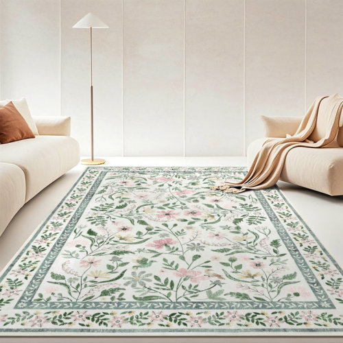 Green Floral Machine Washable Area Rug with Non-Slip Backing