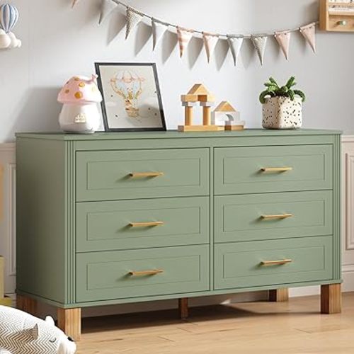 6-Drawer Dresser, Modern Chest of Drawers for Bedroom, 47" Wide Larger Dressers with Metal Handle Solid Wood Legs Wooden Kids & Nursery Storage for Entryway Living Room Sage Green