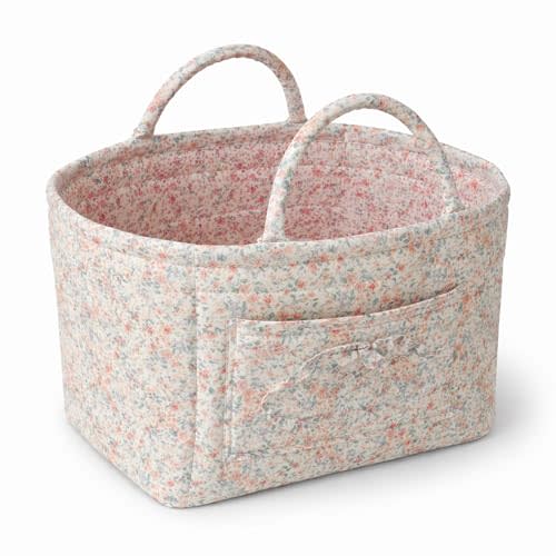 Boho-Chic Quilted Floral Storage Basket, 2026 New Large Capacity Collapsible Boho Fabric Organizer with Handles & Pocket for Home, Picnic, Shopping, Travel (Green Pink Flowers)