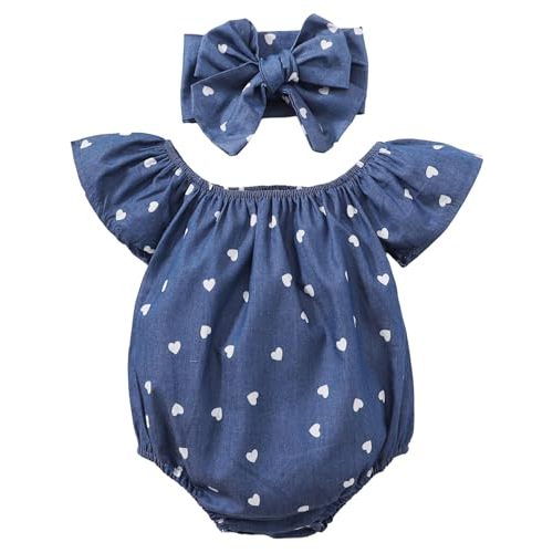 Baby Girl Summer Clothes Outfits Flutter Sleeve Denim Heart Romper One Piece Jumpsuit Bodysuit