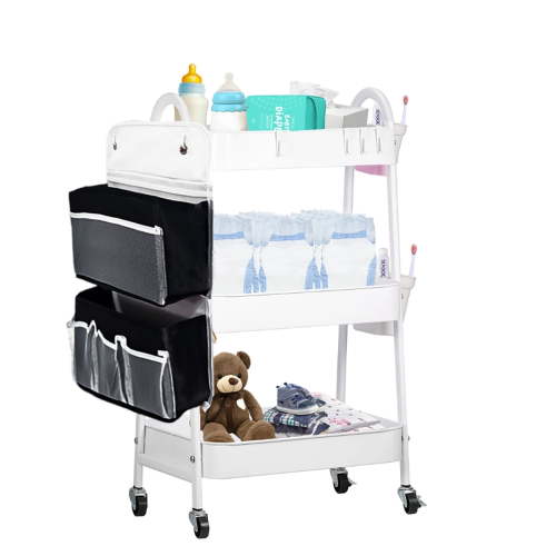Baby Diaper Caddy Organizer Cart Metal rolling cart,3 Tier Rolling Storage Cart with Wheels,Baby Essentials for Diapers and Baby Wipes Newborn Essentials Storage Cart (White)
