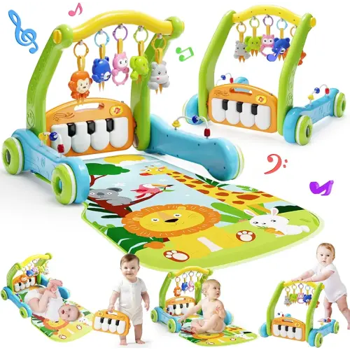 Baby Gym Play Mat with Walker, 2 IN 1 Kick and Play Piano Activity Center with Light & Music, Tummy Time Mat & Baby Push Toys for 0-6 12-18 Months, Sit-to-Stand Learning Walker for Infant Toddler Gift