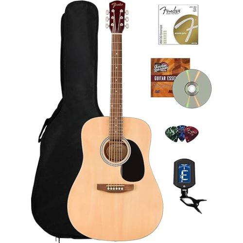 Fender Dreadnought Acoustic Guitar - Natural Bundle with Gig Bag, Tuner, Strings, Picks, Fender Play Online Lessons, and Austin Bazaar Instructional DVD