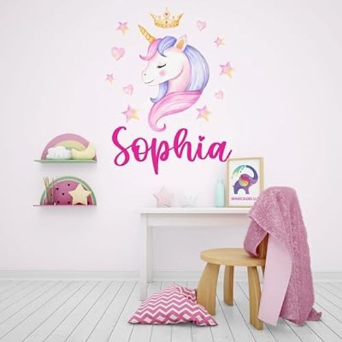 Personalized Unicorn Wall Decals - Unicorns Stickers for Girls Nursery - Cute Girl Room Wall Decal - Pastel Unicorn & Stars Wall Decor Art Classroom Bedroom Sticker for Walls