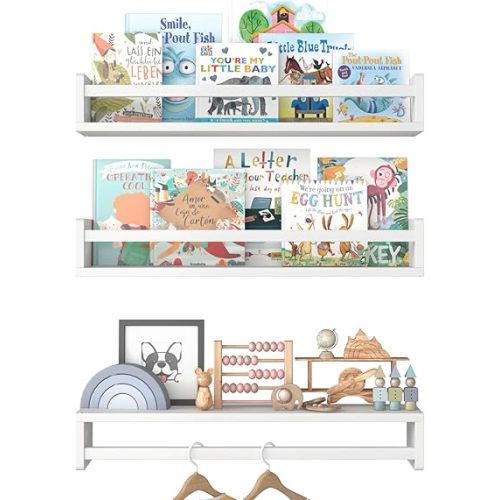 URBANCOZ Floating Nursery Book Shelves for Wall, 15.7 Inch Nature Solid Wood Wall Mounted Bookshelf Set of 3, Hanging Bookshelves for Kids Room, Bedroom Nursery Decor and Book Storage (White)