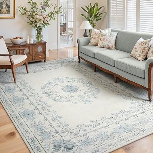 Wonnitar Bow Print Area Rug for Living Room, Ultra-Thin Blue 8x10 Washable Rug, Non Slip Soft Boho Floral Aesthetic Indoor Decor Carpet for Boys Playroom Dining Room Office