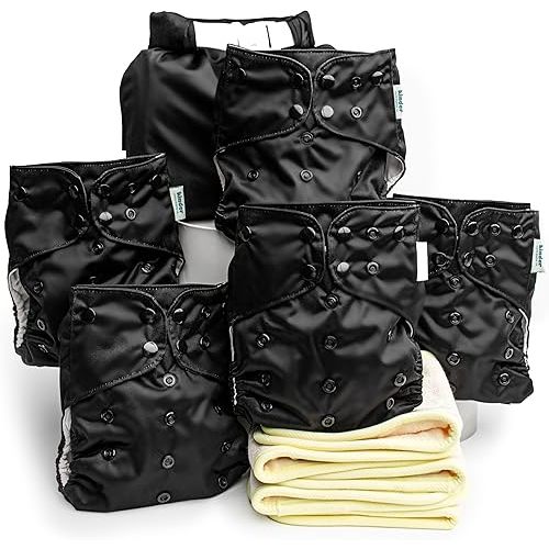 Kinder Cloth Diapers Set of 5 Reusable Baby Diapers Pocket Style Athletic Wicking Jersey, Bamboo Viscose Inserts, Wet Bag, Newborn to Potty Training 7-60lbs, One Size (Midnight)