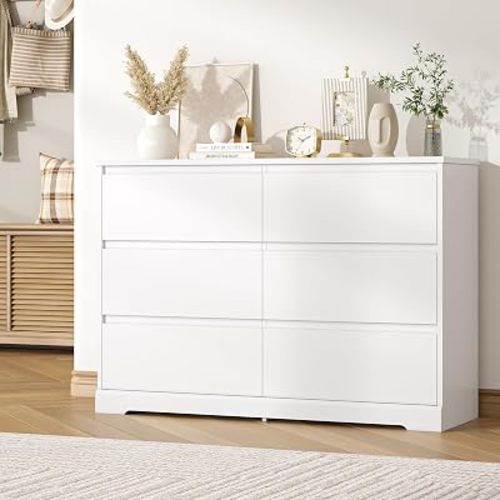FOTOSOK White Dresser, Modern 6 Drawer Dresser, Bedroom Chest of Drawers