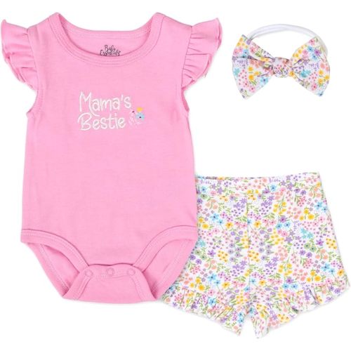 Baby Infant Girl 3 Piece Outfit Short Set with Ruffle Sleeve Bodysuit, Shorts & Headband – Spring & Summer Gift Collection