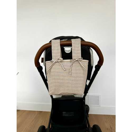Neutral Gingham Stroller Bag with Bows, Stroller Caddy, Baby Shower Gift