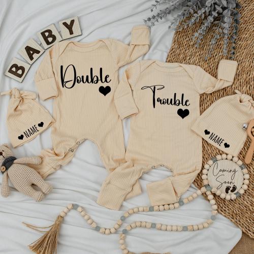 Double Trouble Twin newborn Bodysuit, Funny Twin Romper, Retro Twin Baby Clothes, Announcement Twins, Baby Gift for Twins, Baby Shower Gift