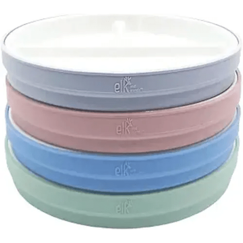 Elk and Friends Kids 7.8” Porcelain White Plates with Silicone Sleeves | Divided Plates | Suitable for Kids/Toddlers | Microwave & Dishwasher Safe | Non Slip | Snack Dishes…