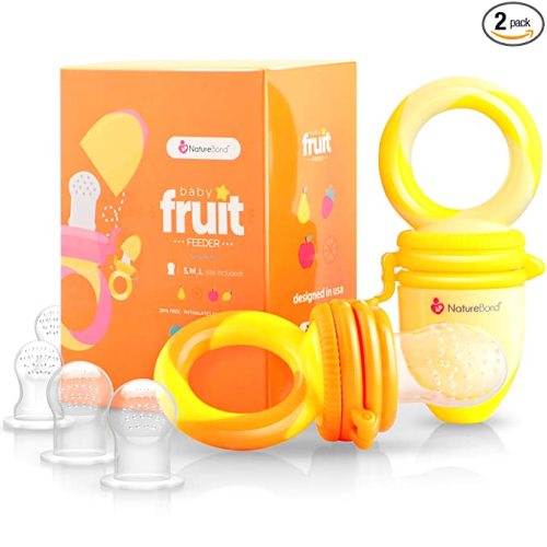 NatureBond Baby Food Feeder/Fruit Feeder Pacifier Nibbler (2 Pack) - Infant Teething Toy Teether Weaning in Appetizing Colors | + Additional Silicone Sacs