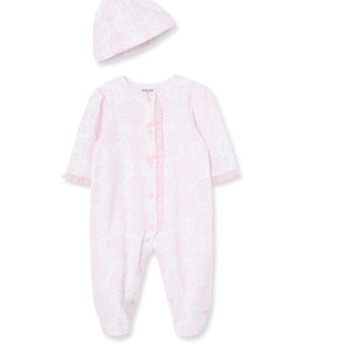 Damask Scroll Footed One-Piece And Hat