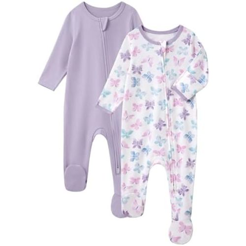 Baby Girl Sleepers 100% Cotton Footie Pajamas Newborn 0-3 3-6 6-9 Months with 2-Way Zipper, 2pcs PJs Baby Girl Clothes