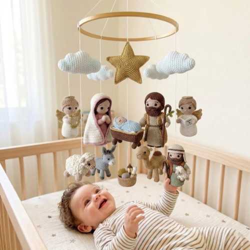 Crochet Nativity Baby Mobile, Christian Nursery Mobile, Handmade Crib Mobile, Neutral Baby Room Decor, Jesus Birth Mobile, Baby Shower Gift