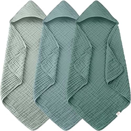 Ease Cubs 3-Pack Muslin Hooded Baby Towels, 100% Cotton, Ultra-Soft & Absorbent Baby Bath Towels with Hood for Babies, Infant, Toddler and Newbron (Emerald Series,32" x 32")