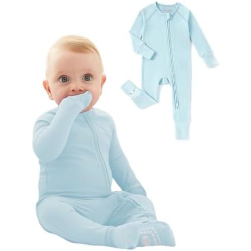 PATPAT Organic Cotton Baby Footie Pajamas with Two-Way Zipper & Fold-Over Mittens, Soft Stretchy Romper for Newborn Boy Girl
