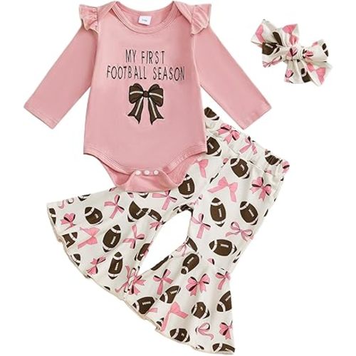 My First Football Season Baby Girl Outfit Embroidery Bodysuit Rugby Flare Pants Bow Game Day Bell Bottoms Coming Home
