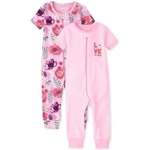 The Children's Place Baby-Girls Love Mom Floral Snug Fit Cotton Zip Front One Piece Footed Pajama 2 Pack