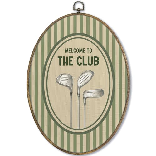Fewgb Vintage Golf Boys Nursery Oval Wall Art Decor for Golf Room, Baby Boys Toddler Kids Room Playroom Bedroom Canvas Wall Art Framed Prints, Sage Green Striped Hanging Decor Picture Artwork 9x12