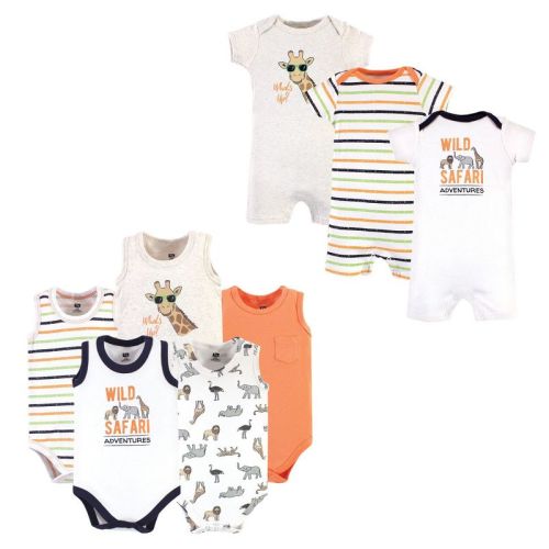 Hudson Baby Infant Boys Cotton Bodysuits and Rompers, 8-Piece, Wild Safari, 0-3 Months