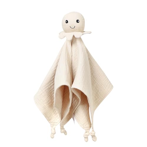 okdiy Organic Cotton Muslin Loveys for Babies,Security Blankets for Baby Lovey,Newborn Baby Gifts for Boys and Girls (Octopus Khaki)