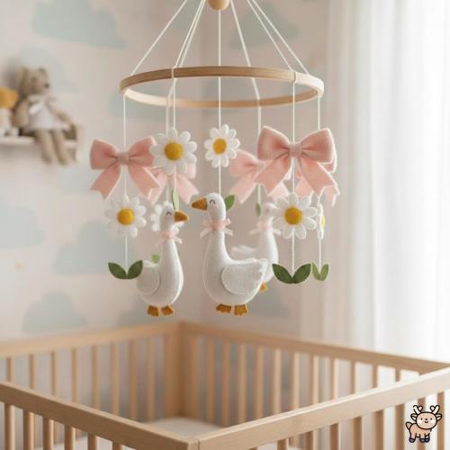 Felt Goose Baby Mobile, Pink Bows and Daisy Flowers, Farmhouse Theme Nursery Decor