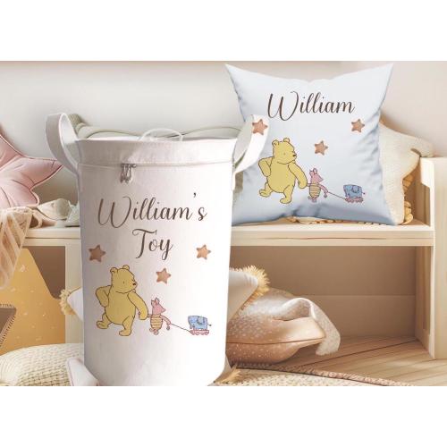 Personalised Pooh design toy storage basket, unique nursery item, kids storage tub set