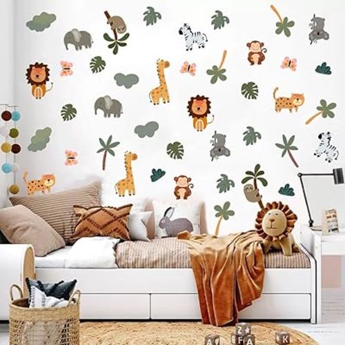 Woodland Animal Tree Branch Wall Decals,Cartoon Woodland Animal Elephants, Zebras, Fox, Butterfly, Trees Self-Adhesive Mural,Removable Wall Sticker for Living Room Baby Nursery Kids Room Wall Decor