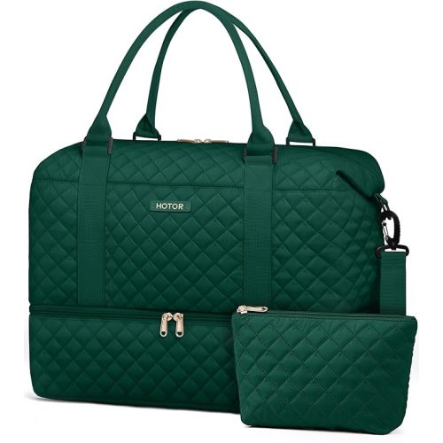 HOTOR Travel Duffel Bag - Weekender Bags for Women, Carry On Overnight Bag with Shoe Compartment, with Toiletry Bag for Travel Essentials and Travel Accessories, Dark Green, 13.4"×17.3"×7.9"