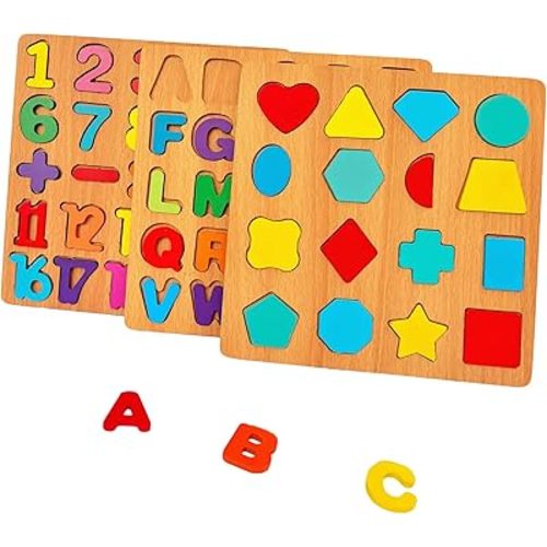 3PCS Wooden Alphabet, Number & Shape Puzzles for Toddlers – Educational Learning Toy (Choose from 3 Combinations) (Alphabet, Number & Shape)