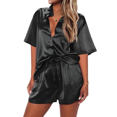 Ekouaer Pajamas for Women Silk Satin Pjs Soft Sleepwear Short Sleeve Button Down Pjs Top and Shorts 2 Piece Lounge Set S-XXL