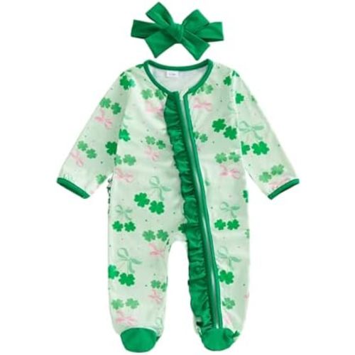 Newborn Baby Girl Valentines Outfit Zipper Long Sleeve Romper Footie Jumpsuit Headband St Patricks Day Outfit