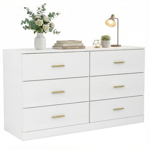 47" Modern White Dresser for Bedroom, 6 Drawer Dresser with Gold Handles | Gabeteros Para Dormitorios Wooden Dresser for Nursery,Kid,Girls Bedroom