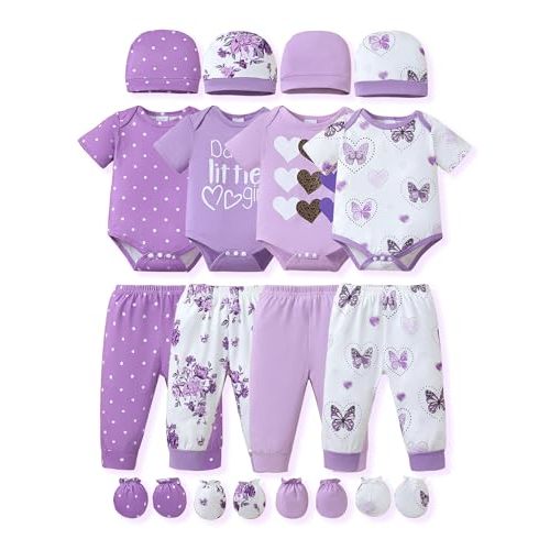 NZRVAWS Newborn Baby Boy Girl Clothes Unisex Infant Romper Pants Set Hat 4-Pack Outfits 0-12 Months 16 Pieces Toddler