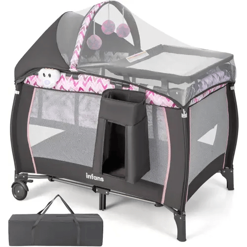 INFANS 4 in 1 Pack and Play, Portable Travel Baby Playard with Bassinet, Changing Table, Canopy, Mosquito Net, Hanging Toys, Music Box, Storage Bag, Large Playpen from Newborn to Toddlers (Pink)