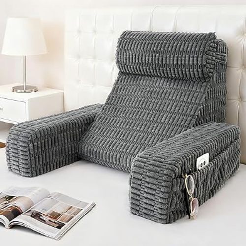19" Reading Pillow for Bed with Built-in Arms & Large Pockets, Supportive Backrest Cushion for Reading, Resting, or Reclining, Washable Cover – Grey