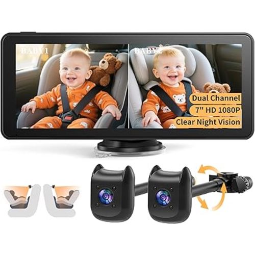 Dual Car Camera Baby Monitor with 6.9" Split Screen-1080P HD Carseat Camera for 2 kids with 360° Full Rotation-Night Vision, Auto-detail Enhancement, 2 Power Ways, Easy Install, for Twins & Siblings