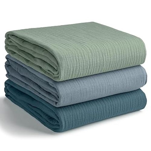 Comfy Cubs Muslin Swaddle Blankets Pack of 3, 42 x 42 Inch Soft 100% Cotton Baby Blanket Set, Large Wraps for Newborns - Self-Soothing Swaddles for Newborns - Heather Blue, Pacific Blue, Fern