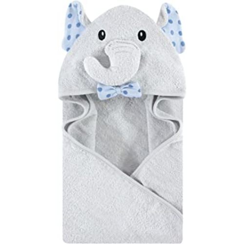 Hudson Baby Unisex Baby Cotton Animal Face Hooded Towel, Blue Dots Gray Elephant, One Size