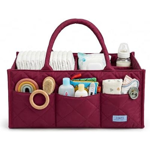 Baby Diaper Caddy Organiser with Zipper Pockets & Removable Dividers Soft Quilted Polyester & Silk Floss Nursery Storage Basket for Nappies, Wipes & Newborn Essentials Baby Shower Gifts Maroon