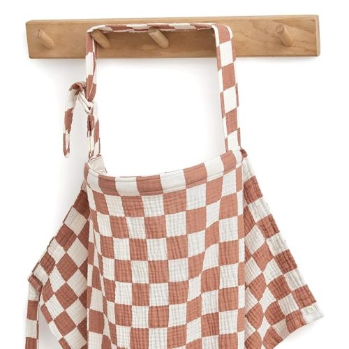 Blissful Diary Muslin Nursing Cover for Breastfeeding, Breathable Breastfeeding Cover up with Arch Neckline for Women, Nursing Apron (Brown Checkboard)