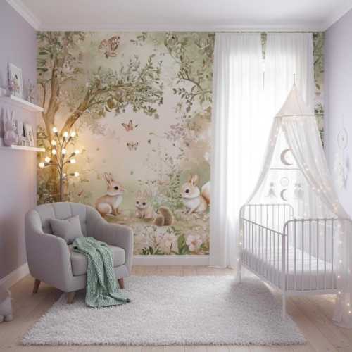 Woodland Animals Nursery Wallpaper – Bunny & Hedgehog Wall Mural