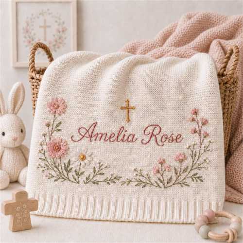 Personalized Floral Cross Baby Blanket, Christian Baptism Gift, Cotton Knit Keepsake