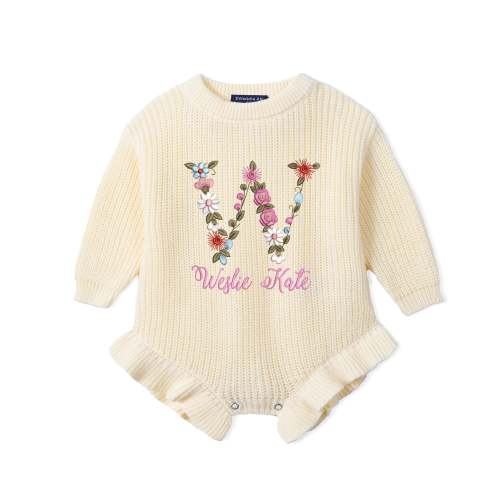 Custom Floral Initial Embroidered Baby Romper