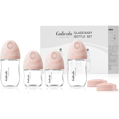 Gulicola Natural Glass Baby Bottles Set 4 Pack, Newborn Girl Breastfeeding Bottles with Slow Flow Nipples, 0 Months+, 3 oz & 5 oz - Pink