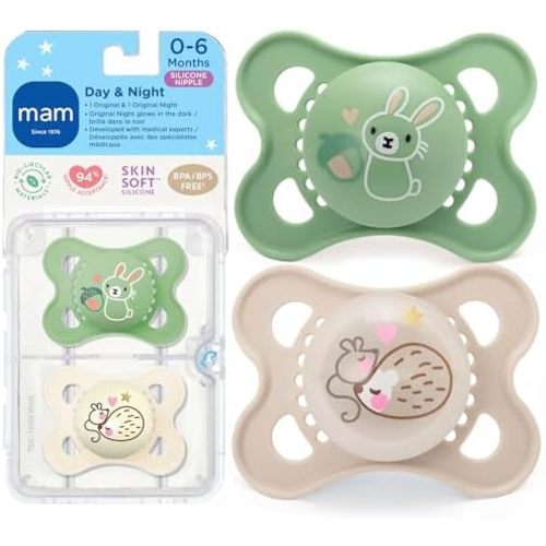 MAM Original Baby Pacifiers 0-6 Months, Glows in The Dark, 2 Pack