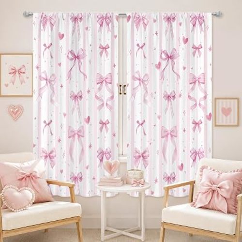 KOMLLEX Pink Bow Curtains 42Wx63H Inch Rod Pocket Cute Coquette Girls Kawaii for Kids Nursery Preppy Princess Art Printed Aesthetic Kitchen Dining Living Room Bedroom Window Drapes Treatment 2 Panels