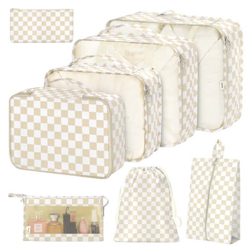 livhil 8Pcs Packing Cubes Set, Travel Luggage Organizers, Khaki Plaid, Waterproof, Mesh Design